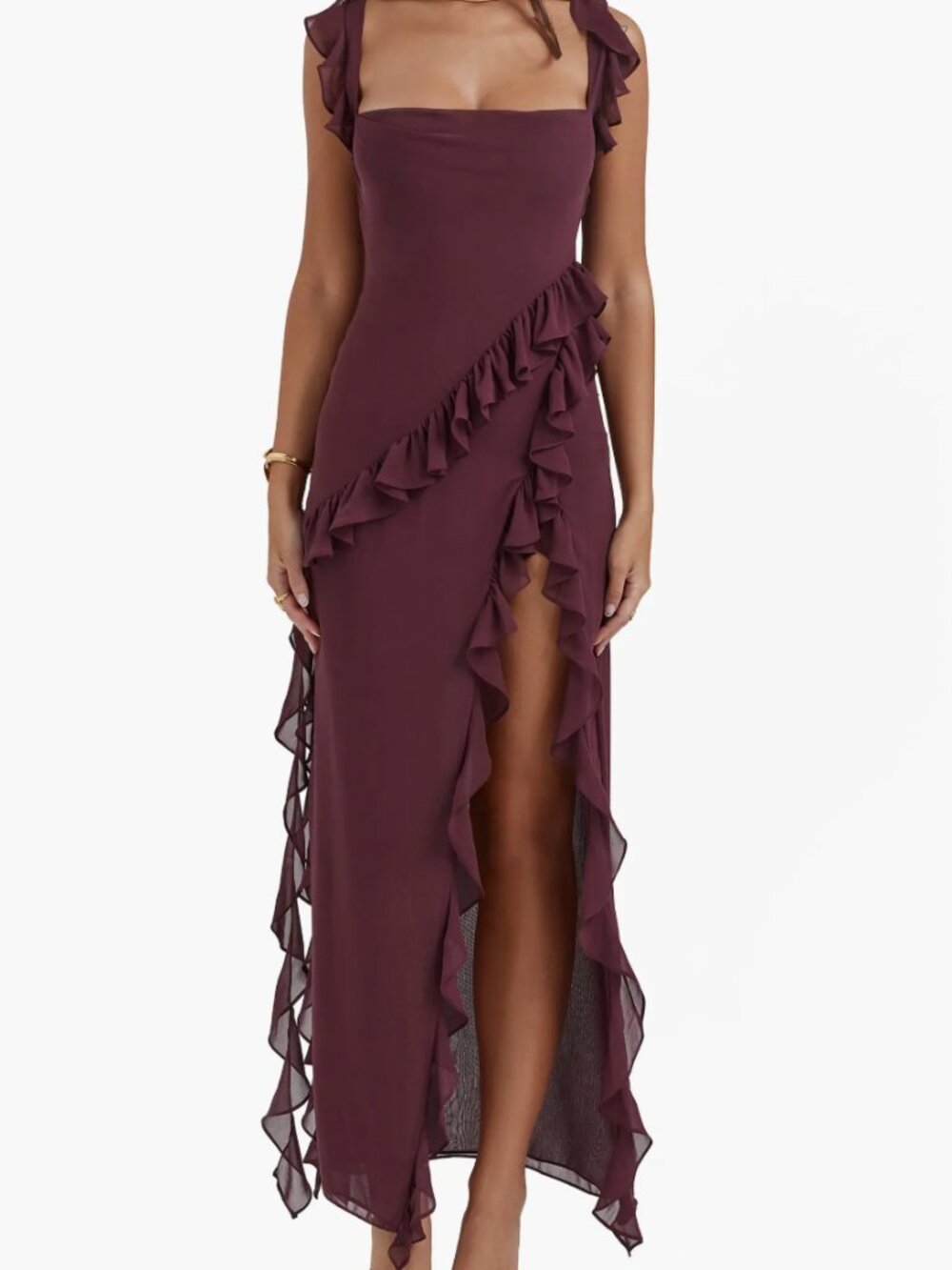 House of CB Wine Ruffle High-Low Dress
